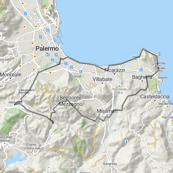 Miniatura della mappa di ispirazione al ciclismo "Circuito Altofonte - Monte Santa Caterina" nella regione di Sicilia, Italy. Generata da Tarmacs.app, pianificatore di rotte ciclistiche