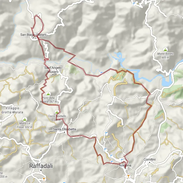 Miniatura della mappa di ispirazione al ciclismo "Giro in Gravel intorno ad Aragona" nella regione di Sicilia, Italy. Generata da Tarmacs.app, pianificatore di rotte ciclistiche