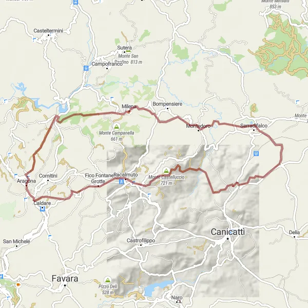 Miniatura della mappa di ispirazione al ciclismo "Esplorazione in Gravel intorno ad Aragona" nella regione di Sicilia, Italy. Generata da Tarmacs.app, pianificatore di rotte ciclistiche