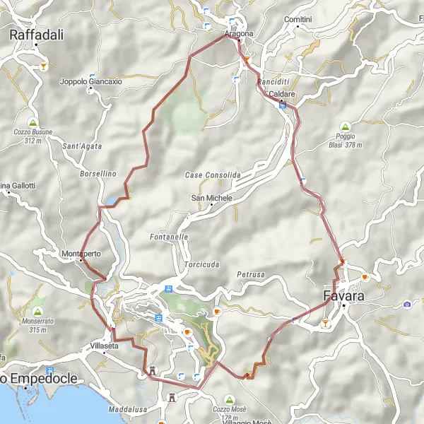 Miniatura della mappa di ispirazione al ciclismo "Avventura in Gravel tra le montagne vicino ad Aragona" nella regione di Sicilia, Italy. Generata da Tarmacs.app, pianificatore di rotte ciclistiche