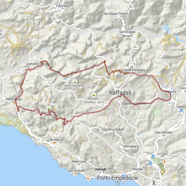 Miniatura della mappa di ispirazione al ciclismo "Tour tra le colline di Aragona" nella regione di Sicilia, Italy. Generata da Tarmacs.app, pianificatore di rotte ciclistiche