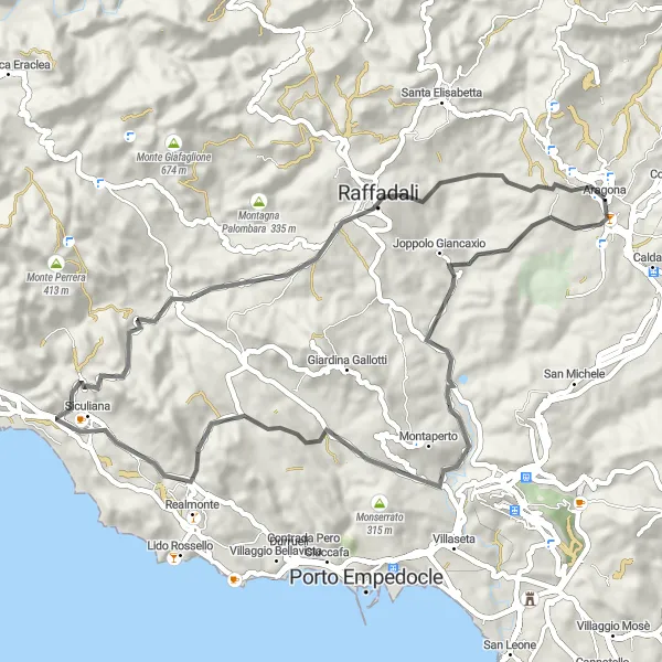 Miniatura della mappa di ispirazione al ciclismo "Tour su strada intorno ad Aragona" nella regione di Sicilia, Italy. Generata da Tarmacs.app, pianificatore di rotte ciclistiche