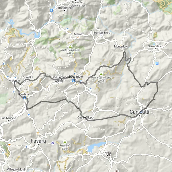 Miniatura della mappa di ispirazione al ciclismo "Tour su strada alla scoperta delle meraviglie vicino ad Aragona" nella regione di Sicilia, Italy. Generata da Tarmacs.app, pianificatore di rotte ciclistiche