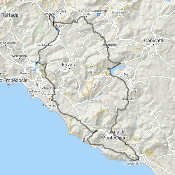 Miniatura della mappa di ispirazione al ciclismo "Avventuroso giro in bici di 110 km" nella regione di Sicilia, Italy. Generata da Tarmacs.app, pianificatore di rotte ciclistiche