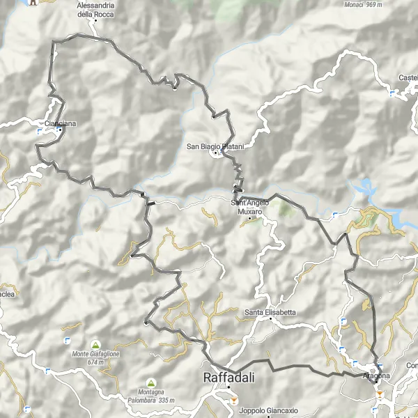 Miniatura della mappa di ispirazione al ciclismo "Giro in bici di 82 km da Aragona" nella regione di Sicilia, Italy. Generata da Tarmacs.app, pianificatore di rotte ciclistiche