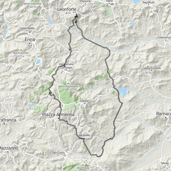 Map miniature of "Exploring Mirabella Imbaccari" cycling inspiration in Sicilia, Italy. Generated by Tarmacs.app cycling route planner