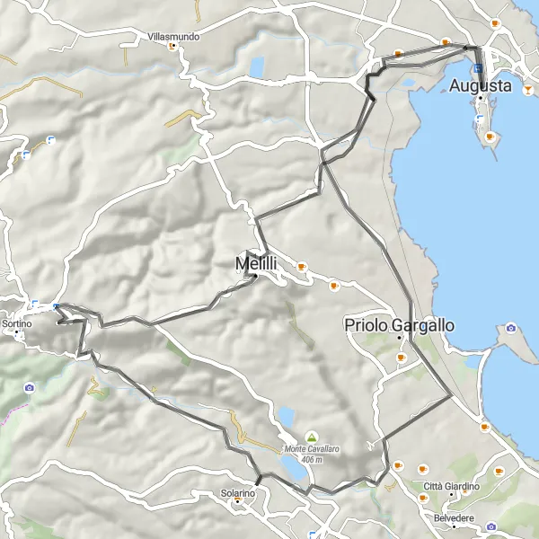 Map miniature of "Hangar per dirigibili to Melilli via Priolo Gargallo" cycling inspiration in Sicilia, Italy. Generated by Tarmacs.app cycling route planner