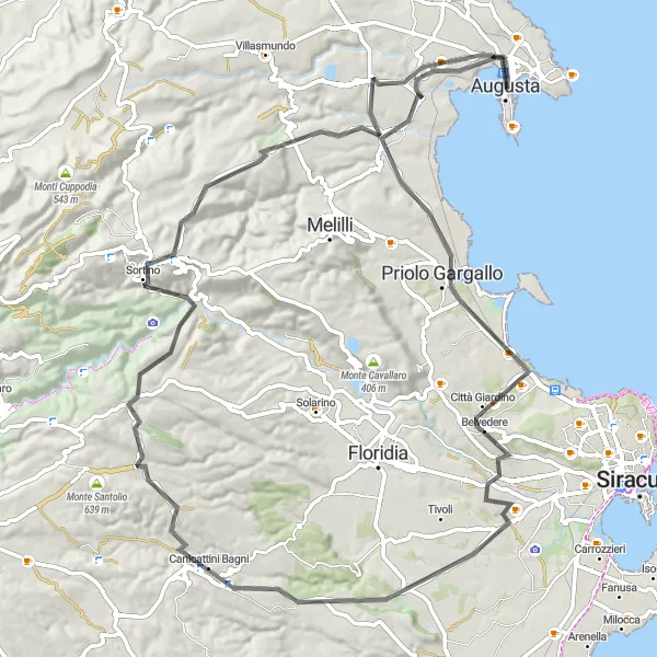 Map miniature of "Priolo Gargallo to Sortino via Canicattini Bagni" cycling inspiration in Sicilia, Italy. Generated by Tarmacs.app cycling route planner