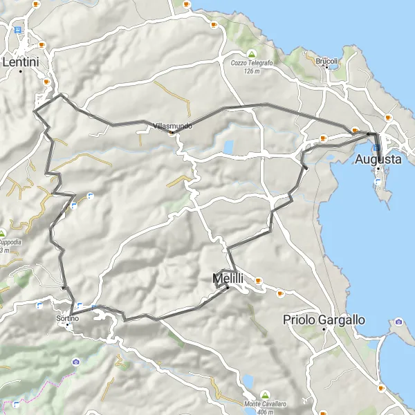 Map miniature of "Hangar per Dirigibili" cycling inspiration in Sicilia, Italy. Generated by Tarmacs.app cycling route planner