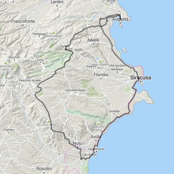 Map miniature of "Syracuse Adventure" cycling inspiration in Sicilia, Italy. Generated by Tarmacs.app cycling route planner