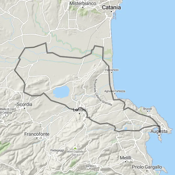 Map miniature of "Monte Serravalle Excursion" cycling inspiration in Sicilia, Italy. Generated by Tarmacs.app cycling route planner
