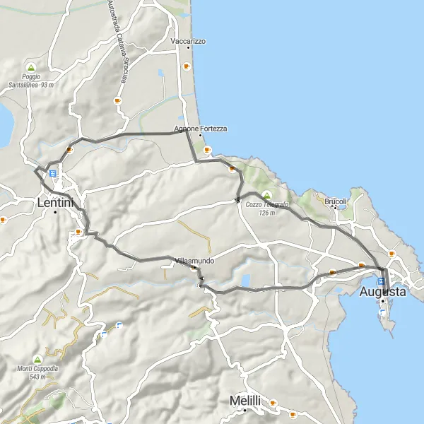 Map miniature of "The Sicilian Coastline" cycling inspiration in Sicilia, Italy. Generated by Tarmacs.app cycling route planner