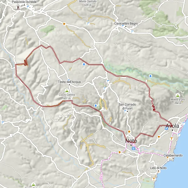 Miniatura della mappa di ispirazione al ciclismo "Avola - Avola Antica Tour" nella regione di Sicilia, Italy. Generata da Tarmacs.app, pianificatore di rotte ciclistiche