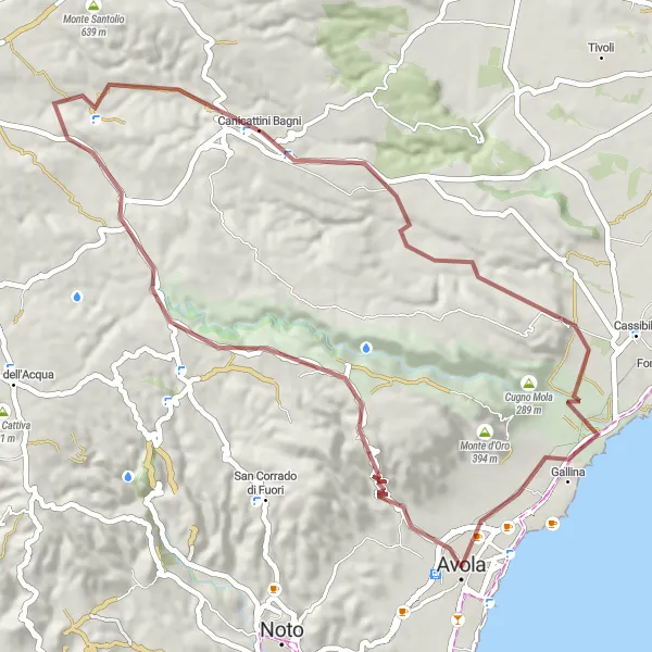 Miniatura della mappa di ispirazione al ciclismo "Giro in Mountain Bike intorno ad Avola" nella regione di Sicilia, Italy. Generata da Tarmacs.app, pianificatore di rotte ciclistiche