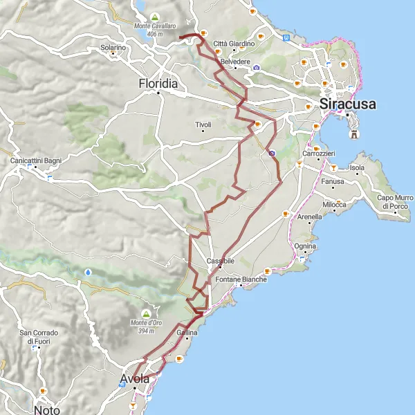 Miniatura della mappa di ispirazione al ciclismo "Avola - Cassibile Gravel Ride" nella regione di Sicilia, Italy. Generata da Tarmacs.app, pianificatore di rotte ciclistiche