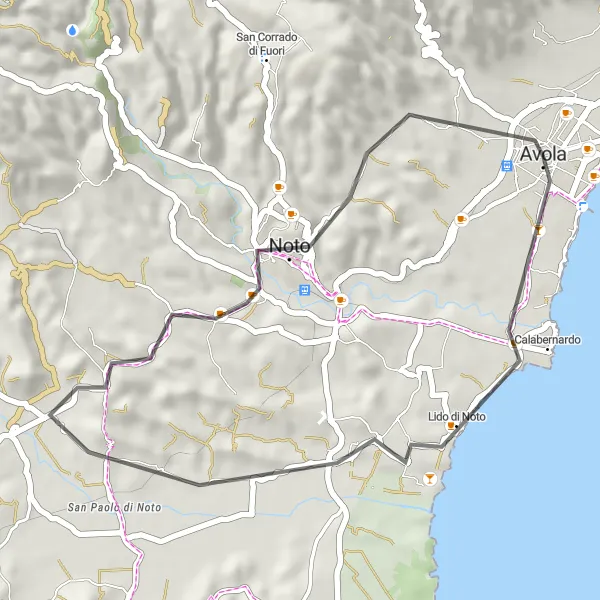 Miniatura della mappa di ispirazione al ciclismo "Percorso ciclabile breve attraverso Noto" nella regione di Sicilia, Italy. Generata da Tarmacs.app, pianificatore di rotte ciclistiche