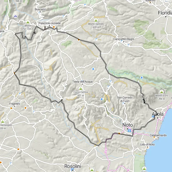 Map miniature of "Avola to Palazzolo Acreide Loop" cycling inspiration in Sicilia, Italy. Generated by Tarmacs.app cycling route planner