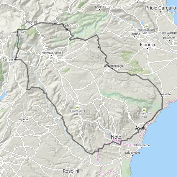 Map miniature of "Avola to Cassibile Loop" cycling inspiration in Sicilia, Italy. Generated by Tarmacs.app cycling route planner