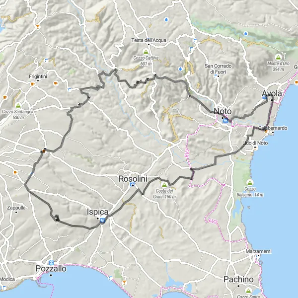 Miniatura della mappa di ispirazione al ciclismo "Avola - Noto Loop" nella regione di Sicilia, Italy. Generata da Tarmacs.app, pianificatore di rotte ciclistiche