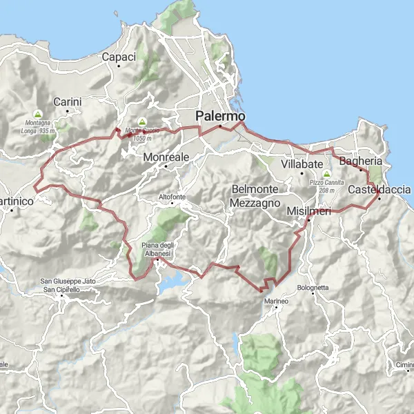 Miniatura della mappa di ispirazione al ciclismo "Gravel Monte Porcara Loop" nella regione di Sicilia, Italy. Generata da Tarmacs.app, pianificatore di rotte ciclistiche