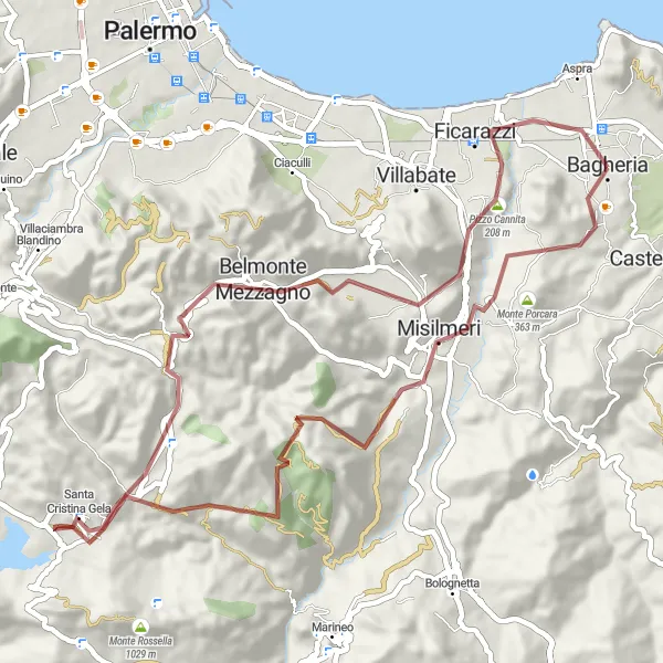 Miniatura della mappa di ispirazione al ciclismo "Giro in bicicletta attorno a Bagheria" nella regione di Sicilia, Italy. Generata da Tarmacs.app, pianificatore di rotte ciclistiche