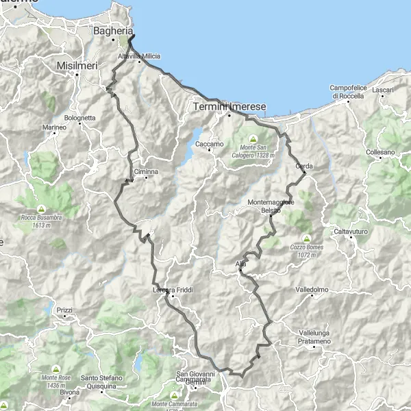 Map miniature of "Eastern Sicily Gran Fondo" cycling inspiration in Sicilia, Italy. Generated by Tarmacs.app cycling route planner