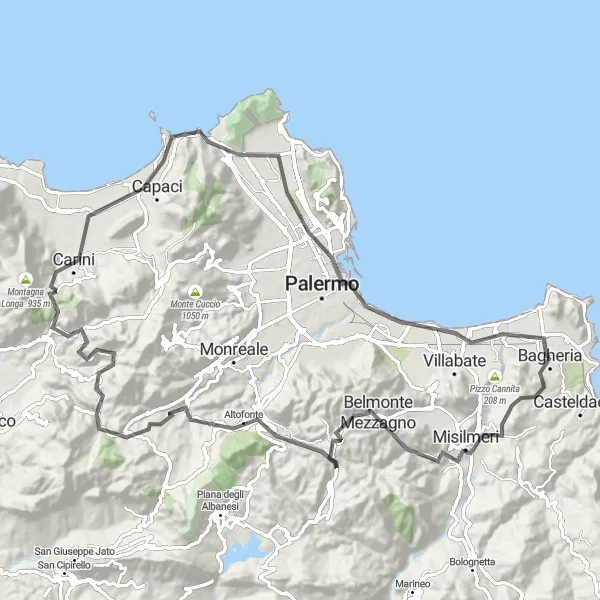 Map miniature of "Western Sicily Escape" cycling inspiration in Sicilia, Italy. Generated by Tarmacs.app cycling route planner