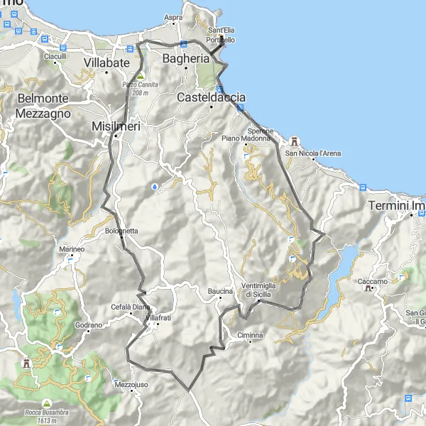 Miniatura della mappa di ispirazione al ciclismo "Giro panoramico delle colline siciliane" nella regione di Sicilia, Italy. Generata da Tarmacs.app, pianificatore di rotte ciclistiche