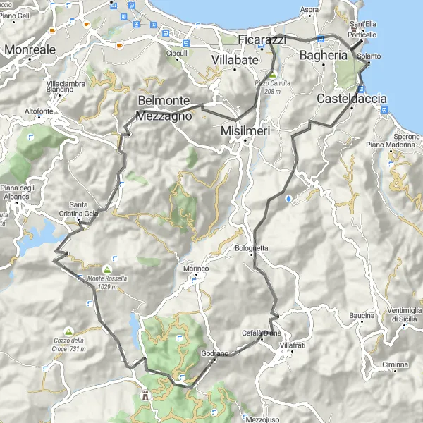 Miniatura della mappa di ispirazione al ciclismo "Road Casteldaccia Adventure" nella regione di Sicilia, Italy. Generata da Tarmacs.app, pianificatore di rotte ciclistiche
