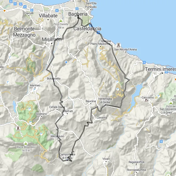 Miniatura della mappa di ispirazione al ciclismo "Giro in bici da Bagheria a Casteldaccia" nella regione di Sicilia, Italy. Generata da Tarmacs.app, pianificatore di rotte ciclistiche