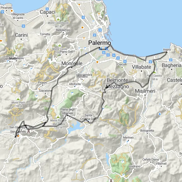 Miniatura della mappa di ispirazione al ciclismo "Rotta panoramica tra natura e cultura siciliana" nella regione di Sicilia, Italy. Generata da Tarmacs.app, pianificatore di rotte ciclistiche