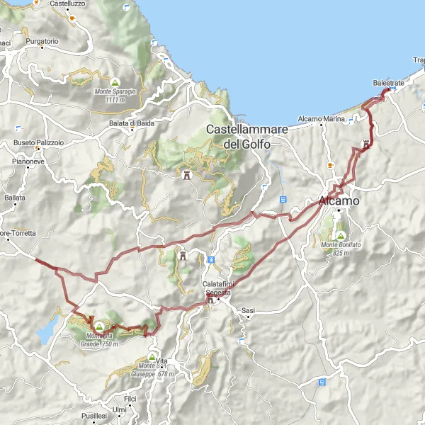 Map miniature of "Balestrate to Monte Pispisa Gravel Adventure" cycling inspiration in Sicilia, Italy. Generated by Tarmacs.app cycling route planner