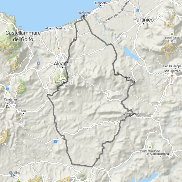 Miniatura della mappa di ispirazione al ciclismo "Giro tra Grisì e Cisterna Medievale" nella regione di Sicilia, Italy. Generata da Tarmacs.app, pianificatore di rotte ciclistiche