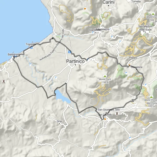 Map miniature of "Balestrate to Monte Jato Circular Route" cycling inspiration in Sicilia, Italy. Generated by Tarmacs.app cycling route planner