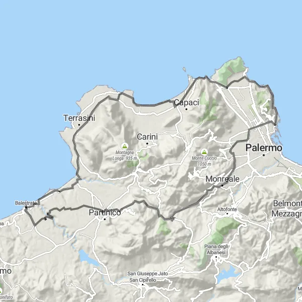 Miniatura della mappa di ispirazione al ciclismo "Tra Sferracavallo e Punta Busilmeri" nella regione di Sicilia, Italy. Generata da Tarmacs.app, pianificatore di rotte ciclistiche