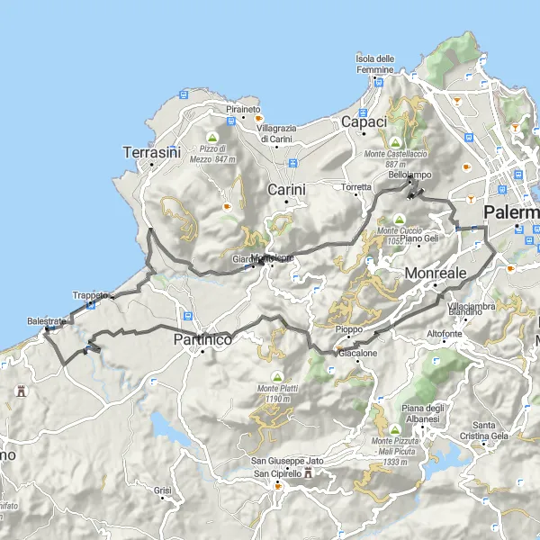 Miniatura della mappa di ispirazione al ciclismo "Il Giro dei Monti Sicani" nella regione di Sicilia, Italy. Generata da Tarmacs.app, pianificatore di rotte ciclistiche