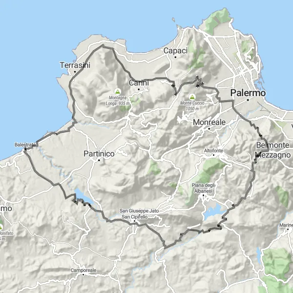 Miniatura della mappa di ispirazione al ciclismo "Avventura ciclistica tra Cinisi e Monte Jato" nella regione di Sicilia, Italy. Generata da Tarmacs.app, pianificatore di rotte ciclistiche