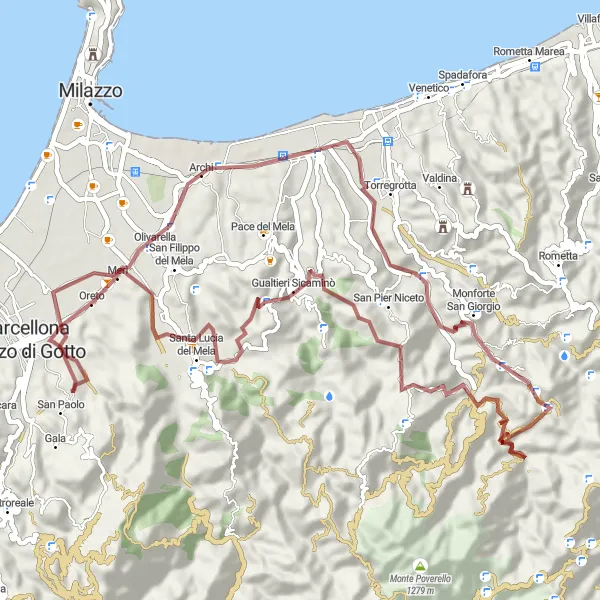 Map miniature of "Off-Road Adventure: Barcellona Pozzo di Gotto - Barcellona Pozzo di Gotto" cycling inspiration in Sicilia, Italy. Generated by Tarmacs.app cycling route planner