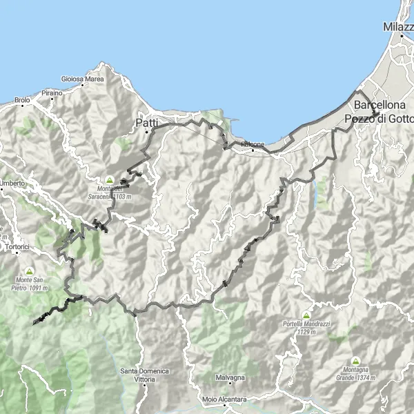 Map miniature of "Serene Sicilian Escape: Barcellona Pozzo di Gotto - Monte Serro" cycling inspiration in Sicilia, Italy. Generated by Tarmacs.app cycling route planner