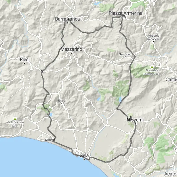 Miniatura della mappa di ispirazione al ciclismo "Scorci rurali e costieri sulla strada per Gela" nella regione di Sicilia, Italy. Generata da Tarmacs.app, pianificatore di rotte ciclistiche