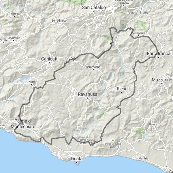 Map miniature of "The Challenging Montechiaro Loop" cycling inspiration in Sicilia, Italy. Generated by Tarmacs.app cycling route planner
