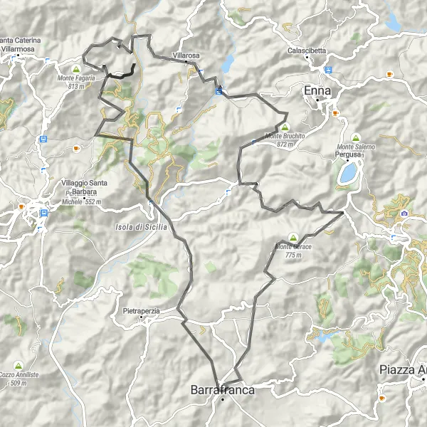 Miniatura della mappa di ispirazione al ciclismo "Giro in bicicletta Barrafranca - Cozzo della Guardia - Monte Santa Cristina - Monte Castellaccio - Villarosa - Monte Cannarella - Monte Castellazzo - Cozzo Campana" nella regione di Sicilia, Italy. Generata da Tarmacs.app, pianificatore di rotte ciclistiche