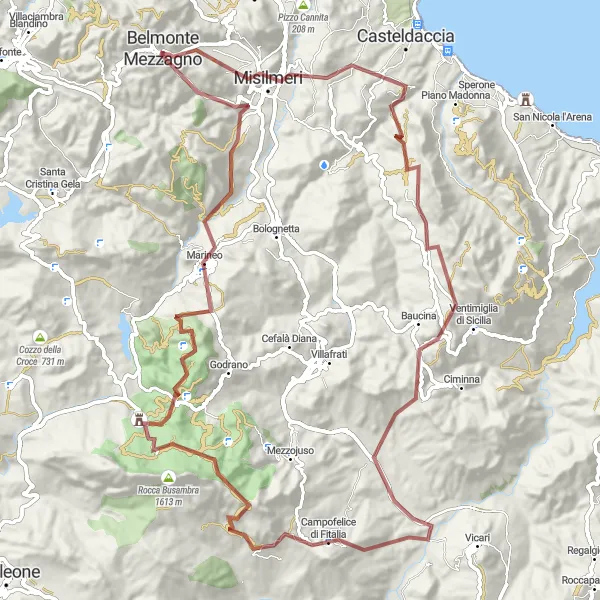 Map miniature of "Clifftop Gravel Escape" cycling inspiration in Sicilia, Italy. Generated by Tarmacs.app cycling route planner