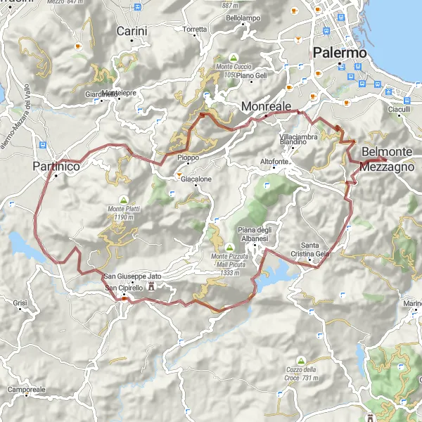 Miniatura della mappa di ispirazione al ciclismo "Giro in Gravel tra Belmonte Mezzagno e Monte Santa Caterina" nella regione di Sicilia, Italy. Generata da Tarmacs.app, pianificatore di rotte ciclistiche