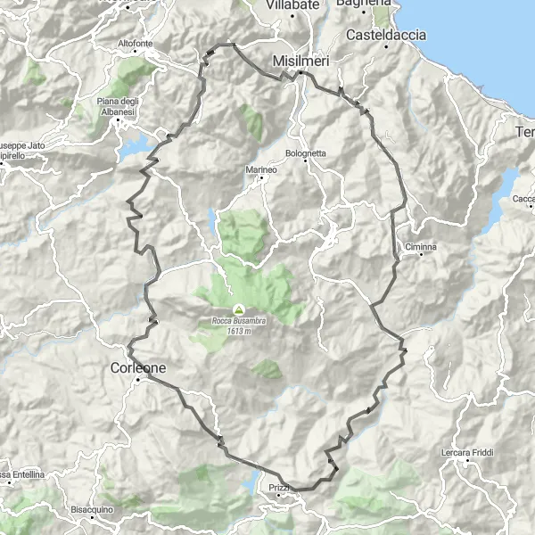 Map miniature of "Exploring Sicily's Backroads" cycling inspiration in Sicilia, Italy. Generated by Tarmacs.app cycling route planner