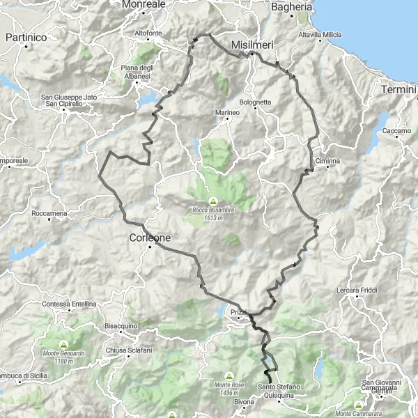 Map miniature of "The Mountainous Loop" cycling inspiration in Sicilia, Italy. Generated by Tarmacs.app cycling route planner
