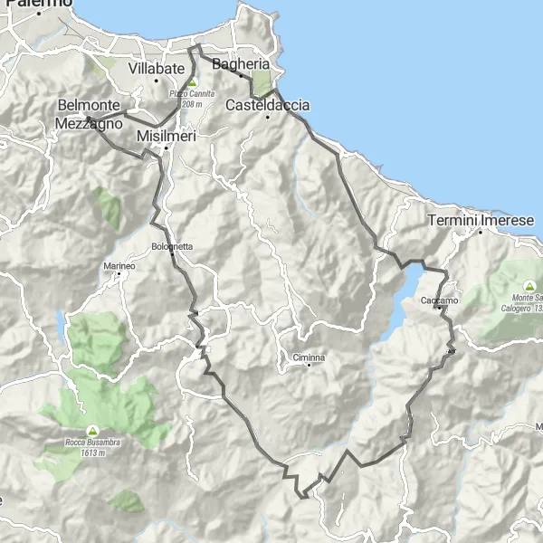 Map miniature of "Coastal Scenic Route" cycling inspiration in Sicilia, Italy. Generated by Tarmacs.app cycling route planner