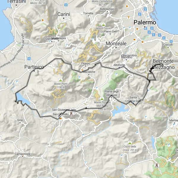 Map miniature of "The Sicilian Mountain Adventure" cycling inspiration in Sicilia, Italy. Generated by Tarmacs.app cycling route planner
