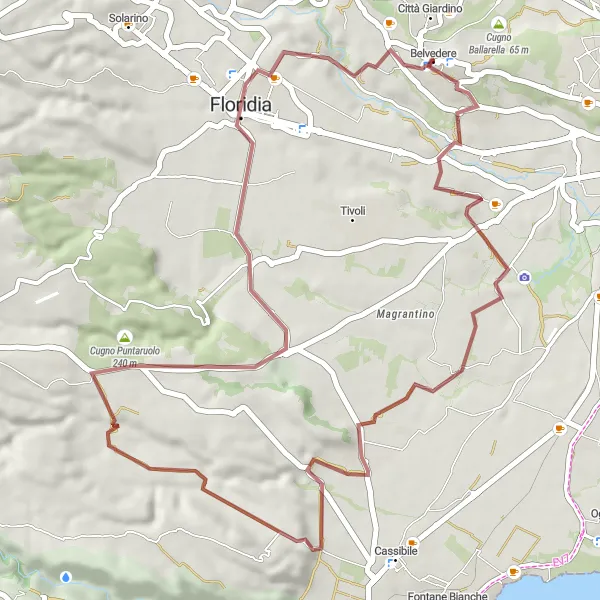 Miniatura della mappa di ispirazione al ciclismo "Giro in bicicletta attraverso Ciane Spring e Floridia" nella regione di Sicilia, Italy. Generata da Tarmacs.app, pianificatore di rotte ciclistiche