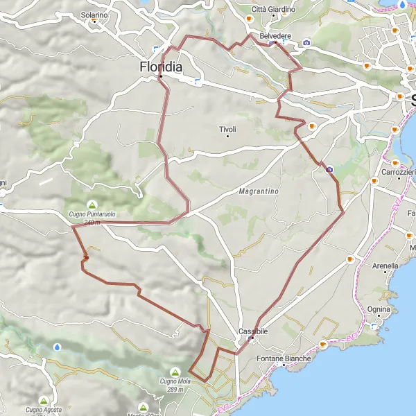 Miniatura della mappa di ispirazione al ciclismo "Avventura in bici tra Cassibile e Floridia" nella regione di Sicilia, Italy. Generata da Tarmacs.app, pianificatore di rotte ciclistiche